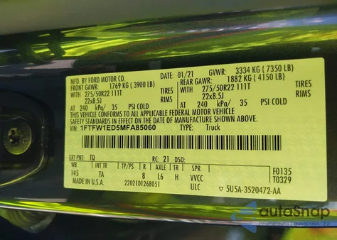 2021 Ford F150 Supercrew from USA, damaged, VIN 1FTFW1ED5MFA85060